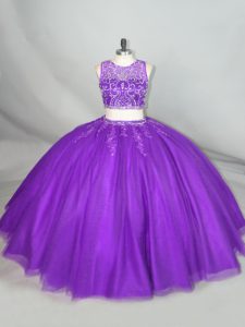 Great Scoop Sleeveless Ball Gown Prom Dress Beading Purple Tulle