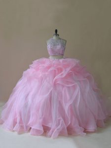 Ideal Baby Pink Two Pieces Organza Halter Top Sleeveless Ruffles Lace Up Quinceanera Gown Brush Train