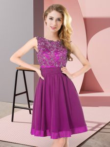 Sleeveless Chiffon Mini Length Backless Damas Dress in Purple with Beading and Appliques