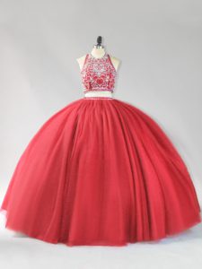 Glittering Red Two Pieces Halter Top Sleeveless Tulle Floor Length Backless Beading 15 Quinceanera Dress