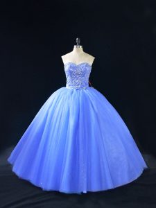 Classical Blue Ball Gowns Sweetheart Sleeveless Tulle Floor Length Lace Up Beading Quinceanera Dress