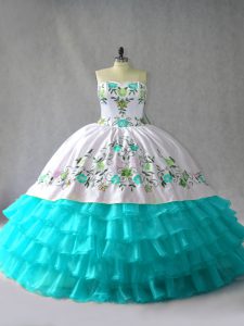 Stunning Blue And White Lace Up Sweetheart Embroidery and Ruffled Layers Sweet 16 Dress Organza Sleeveless