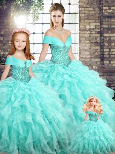 Delicate Aqua Blue Organza Lace Up Off The Shoulder Sleeveless Quinceanera Gowns Brush Train Beading and Ruffles