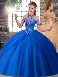 Fitting Blue Sleeveless Beading and Pick Ups Lace Up Quinceanera Gowns