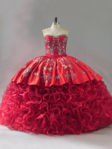 Unique Ball Gowns Sleeveless Red Sweet 16 Dress Brush Train Lace Up