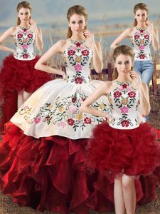 White And Red Ball Gowns Halter Top Sleeveless Organza Floor Length Lace Up Embroidery and Ruffles Quinceanera Dress