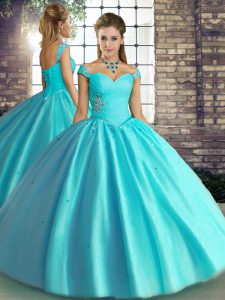 On Sale Aqua Blue Lace Up Off The Shoulder Beading Quince Ball Gowns Tulle Sleeveless