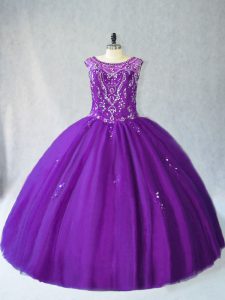 Simple Purple Tulle Lace Up Sweet 16 Quinceanera Dress Sleeveless Floor Length Beading and Appliques