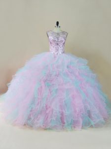 Luxurious Multi-color Ball Gowns Beading and Ruffles Quince Ball Gowns Lace Up Organza Sleeveless Floor Length