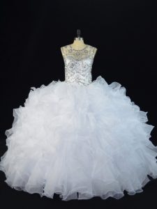 Beautiful Sleeveless Organza Floor Length Lace Up 15th Birthday Dress in White with Beading and Ruffles