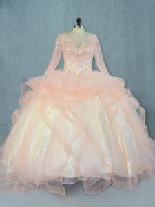 Sweet Long Sleeves Floor Length Beading and Ruffles Lace Up 15th Birthday Dress with Peach