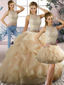 Excellent Champagne Scoop Zipper Beading and Ruffles Sweet 16 Dresses Sleeveless
