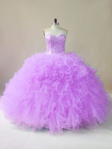 Sweetheart Sleeveless Quinceanera Gowns Floor Length Beading and Ruffles Lilac Tulle