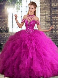 Sexy Floor Length Ball Gowns Sleeveless Fuchsia Sweet 16 Dresses Lace Up