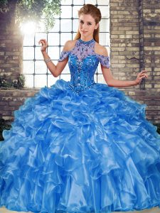 Sleeveless Organza Floor Length Lace Up 15th Birthday Dress in Blue with Beading and Ruffles