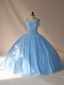 Spectacular Blue and Light Blue V-neck Neckline Beading Ball Gown Prom Dress Sleeveless Lace Up