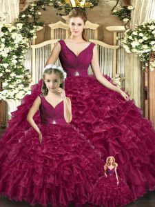 New Arrival Sleeveless Organza Floor Length Backless Sweet 16 Dress in Burgundy with Beading and Ruffles