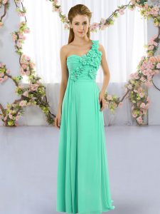 Extravagant Sleeveless Chiffon Floor Length Lace Up Damas Dress in Turquoise with Hand Made Flower