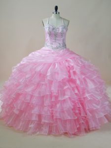 Dazzling Baby Pink Halter Top Neckline Embroidery and Ruffled Layers Ball Gown Prom Dress Sleeveless Lace Up