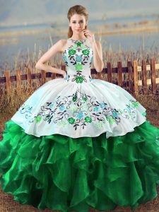 Fashion Halter Top Sleeveless Ball Gown Prom Dress Floor Length Embroidery and Ruffles Green Organza