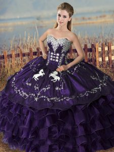 Vintage Organza Sweetheart Sleeveless Lace Up Embroidery and Ruffles Sweet 16 Quinceanera Dress in Purple