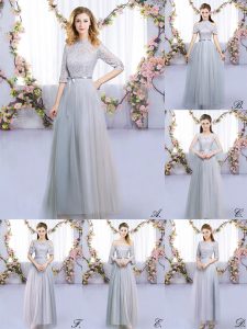 Grey Tulle Zipper Dama Dress for Quinceanera Half Sleeves Floor Length Lace and Belt