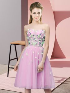 Wonderful Rose Pink Sleeveless Tulle Lace Up Quinceanera Court of Honor Dress for Wedding Party