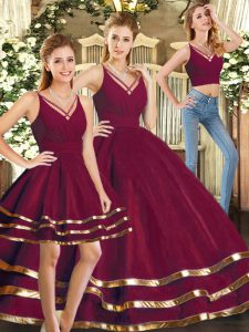 Captivating Burgundy Three Pieces Ruffled Layers Quinceanera Gown Backless Tulle Sleeveless Floor Length