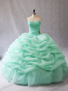 Free and Easy Apple Green Organza Lace Up Sweetheart Sleeveless Floor Length Quinceanera Gowns Beading and Pick Ups