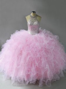 Eye-catching Beading and Ruffles Quinceanera Gowns Pink Lace Up Sleeveless Floor Length