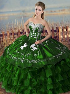 Dramatic Floor Length Green Quince Ball Gowns Satin and Organza Sleeveless Embroidery and Ruffles