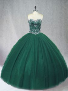 Glorious Dark Green Ball Gowns Tulle Sweetheart Sleeveless Beading Floor Length Lace Up Quinceanera Dress