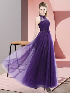 High Class Floor Length Purple Quinceanera Court of Honor Dress Halter Top Sleeveless Lace Up