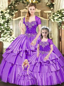Designer Floor Length Lavender Quinceanera Gowns Organza and Taffeta Sleeveless Beading and Ruffled Layers