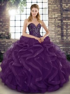 Captivating Dark Purple Tulle Lace Up Sweet 16 Dresses Sleeveless Floor Length Beading and Ruffles