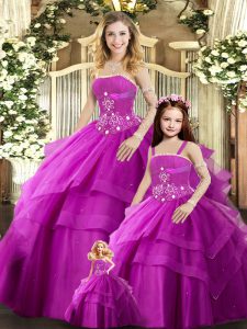 Floor Length Lace Up Quinceanera Dress Fuchsia for Sweet 16 and Quinceanera with Beading