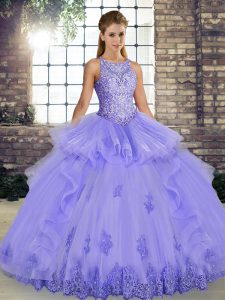 Latest Scoop Sleeveless Tulle Vestidos de Quinceanera Lace and Embroidery and Ruffles Lace Up
