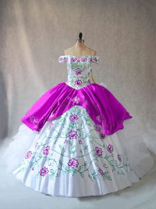 White And Purple Ball Gowns Off The Shoulder Sleeveless Organza Floor Length Lace Up Embroidery and Ruffles Sweet 16 Quinceanera Dress
