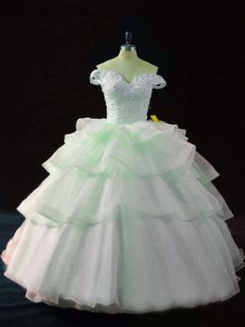 Apple Green Quinceanera Dresses For with Beading and Ruffled Layers Off The Shoulder Sleeveless Brush Train Lace Up