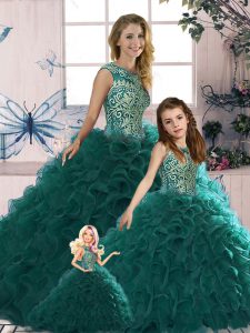 Peacock Green Ball Gowns Scoop Sleeveless Organza Floor Length Lace Up Beading and Ruffles Quinceanera Dress