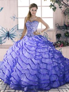 On Sale Sleeveless Beading and Ruffled Layers Lace Up Sweet 16 Quinceanera Dress with Lavender Brush Train