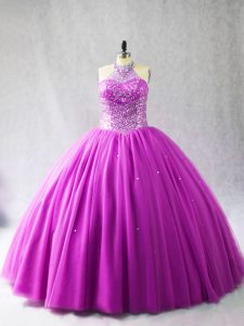 Graceful Lilac Lace Up Halter Top Beading Quinceanera Dress Tulle Sleeveless Brush Train