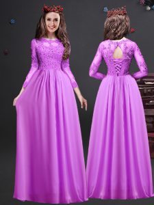 Super Floor Length Lilac Dama Dress Scoop Long Sleeves Lace Up