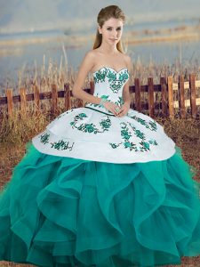 Cute Turquoise Tulle Lace Up Sweet 16 Dress Sleeveless Floor Length Embroidery and Ruffles and Bowknot
