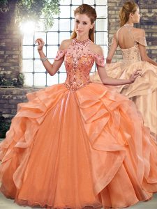 Halter Top Sleeveless Lace Up Quinceanera Gowns Orange Organza