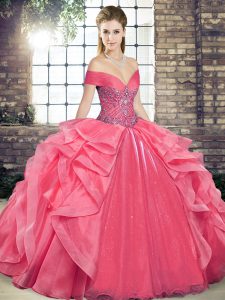 Graceful Coral Red Ball Gowns Beading and Ruffles Sweet 16 Dresses Lace Up Organza Sleeveless Floor Length