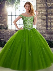 New Arrival Sleeveless Tulle Floor Length Lace Up Quinceanera Gown in Olive Green with Beading