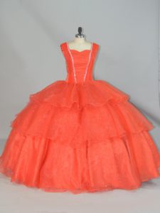 Orange Red Ball Gown Prom Dress Sweet 16 and Quinceanera with Beading and Ruffled Layers Straps Sleeveless Lace Up