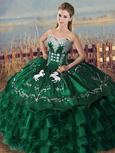 Green Organza Lace Up Vestidos de Quinceanera Sleeveless Floor Length Embroidery and Ruffles