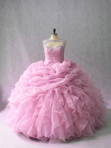 Lace Up Sweet 16 Dresses Pink for Sweet 16 and Quinceanera with Beading and Ruffles Brush Train